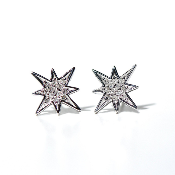 14K Solid Gold Diamond Starburst Earrings/Studs - Picture 1 of 8